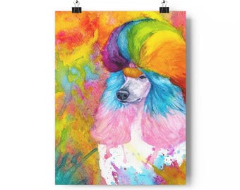 Giclée art print rainbow poodle, standard poodle, watercolor, spoo, continental cut, realistic, unique poodle gifts