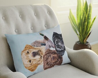 Cushion Labrador retrievers, bird dogs, retrievers, duck, hunting, Watercolor, labs, yellow, black, chocolate, Labrador gifts