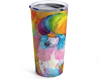 Tumbler 20oz  rainbow poodle, standard poodle, watercolor, spoo, continental cut, realistic, unique poodle gifts