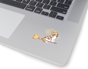 Australian shepherd witch on broomstick pastel sticker