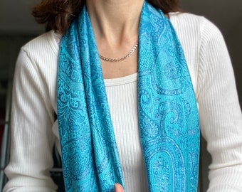 100% Handmade Unisex Silk Scarf Patterned Beautiful Vibrant Blue Colour Made Of Natural Organic Dye Very Soft Gift For Her / Him