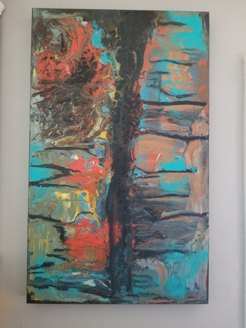 May include: Abstract acrylic painting on canvas. The artwork features a vertical black central element with vibrant colors. The painting incorporates shades of teal, orange, yellow, and black, creating a textured, layered effect. The overall theme is modern art.