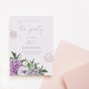 May include: A purple, white, and green floral tea party invitation with a teapot and the text "Please join us for a tea party to celebrate Arvel's ninth birthday September 24th at 2 o'clock 21114 N Riverdale Rd."