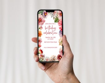 MOBILE Instant Digital Download, Kids Birthday Invitation, Pretty Flowers, Celebration Invitation