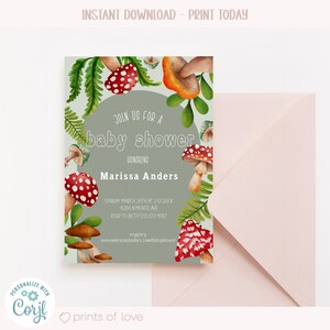 May include: A baby shower invitation with a watercolor illustration of mushrooms and ferns. The invitation is for Marissa Anders and includes the date, time, and location of the event. It also includes a website address for the registry.
