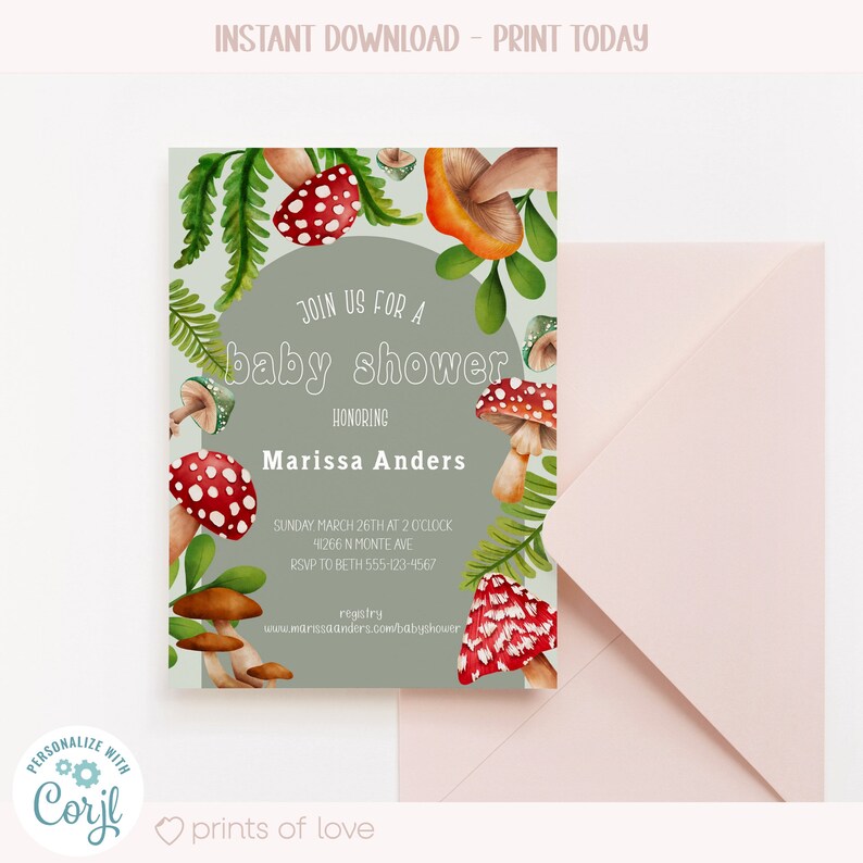 May include: A baby shower invitation with a watercolor illustration of mushrooms and ferns. The invitation is for Marissa Anders and includes the date, time, and location of the event. It also includes a website address for the registry.