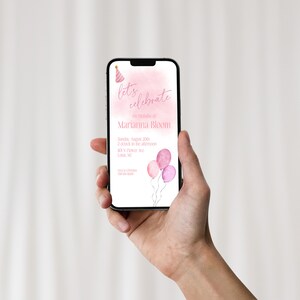 モバイル インスタント デジタル ダウンロード、子供の誕生日招待状、かわいいピンクの風船、お祝いの招待状