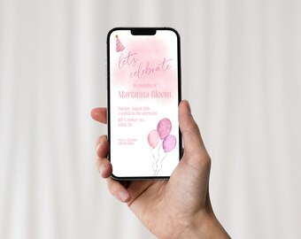 MOBILE Instant Digital Download, Kids Birthday Invitation, Pretty and Pink Balloons, Celebration Invitation