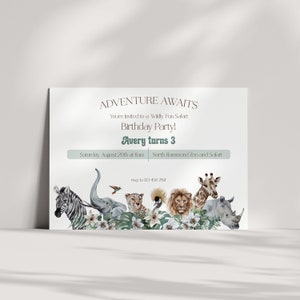 Kids Birthday Invitation Safari Theme, Wild Child Birthday Invite, Jungle Animal Invitations, Printable Template Instant Download