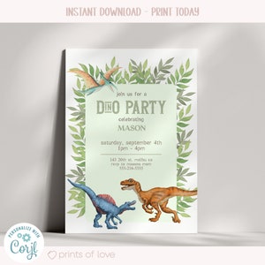 May include: A Dino Party invitation with watercolor illustrations of dinosaurs and foliage. The invitation includes the text "join us for a Dino Party celebrating Mason" and event details. The words "Instant Download - Print Today" are at the top.