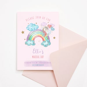 May include: Pink invitation with a unicorn and rainbow illustration. The text reads "Please join us for Ellie's Magical Day. Saturday May 5th at 1 pm. 11950 N Happy Moon Ave. RSVP to Jenn 700-600-1212."