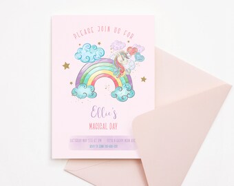 May include: Pink invitation with a unicorn and rainbow illustration. The text reads "Please join us for Ellie's Magical Day. Saturday May 5th at 1 pm. 11950 N Happy Moon Ave. RSVP to Jenn 700-600-1212."
