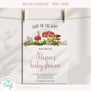 May include: Printable baby shower invitation with a woodland theme. The invitation features a watercolor illustration of mushrooms, a fox, a squirrel, and a raccoon. The text on the invitation reads "Baby on the Way!" and "Allison's baby shower".