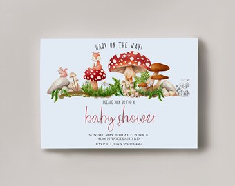 Invito per baby shower. Animali del bosco della foresta di funghi, amici della foresta dei funghi naturali