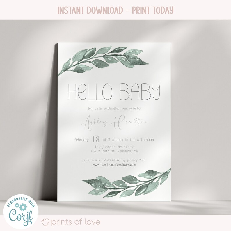 K&ouml;nnte beinhalten: Eine Babyparty-Einladung mit einer Aquarell-Illustration von gr&uuml;nen Bl&auml;ttern. Der Text lautet "Hello Baby" und enth&auml;lt den Namen "Ashley Hamilton", das Datum "18. Februar", die Uhrzeit "14:00 Uhr", den Ort "die Johnson-Residenz, 132 n 20th st. Williams, ca" und die RSVP-Informationen.