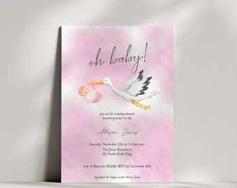 Baby Shower Invitation Pink Stork, Baby Girl
