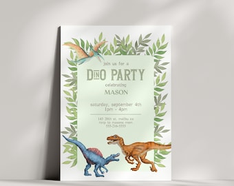 May include: A Dino Party invitation with watercolor illustrations of dinosaurs and green foliage. The invitation text reads "Join us for a Dino Party celebrating Mason" with date, time, and location details.