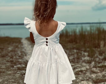 girls white dress with flutter sleeves and tiered skirt, white toddler dress, white baby dress, girls twirl dress, Mustard dress girls