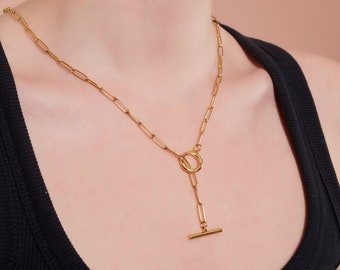 18K Gold Toggle Chain Necklace, Gold Toggle Necklace, Mother's Day Gift, Gift for Her, WATERPROOF Chain, Toggle Clasp Chain