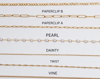 May include: A comparison of different gold chain styles, including Figaro, Paperclip, Pearl, Dainty, Twist, and Vine.