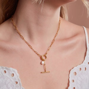 18K Gold Filled Toggle Necklace with Pearl, Toggle Clasp Choker, Bridesmaid Gift, Gold Pearl Necklace, Gift for Her