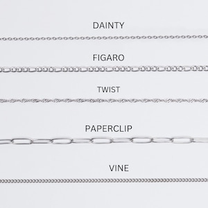 May include: Five different types of silver chains: Dainty, Figaro, Twist, Paperclip, and Vine.