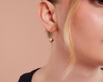 Gold Puffy Mini Heart Earrings, Dangle Heart Earrings, Christmas Gift, Dainty Heart Earrings, Puffy Heart Huggies, Tiny Heart Charm