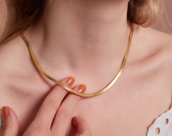 18K Gold Herringbone Chain Necklace, Waterproof Snake Chain, Layering Necklace, Gift for Her, Christmas Gift
