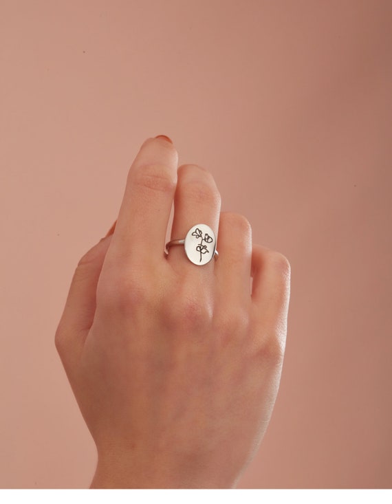 Tiny Birth Flower Ring, Stainless Steel, Non-tarnish, Waterproof