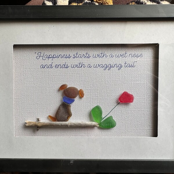 Framed Happiness starts with wet noses and ends with wagging tails Sea Glass Dog Art