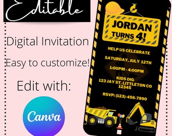 Construction Themed Birthday Invitation| Kids Construction Invitation| Kids Birthday Invitation|