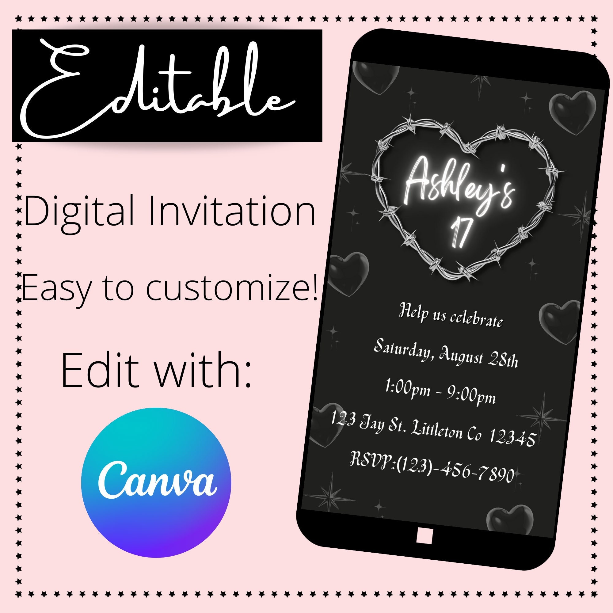 Y2K Inspired Birthday Invitation Barbed Wire Heart Invitation 2000s Themed Birthday Invitation Y2K birthday theme