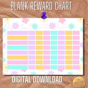 Può includere: Un grafico di ricompense vuoto stampabile con un design floreale. Il grafico ha una griglia di quadrati con colori alternati di rosa, giallo e blu. Il testo "BLANK REWARD CHART" è in cima al grafico. Il testo "DIGITAL DOWNLOAD" è in fondo al grafico.