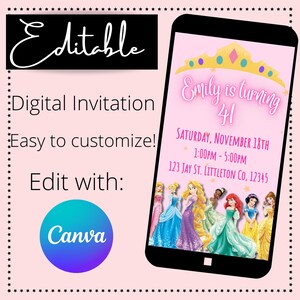 Princess Birthday Invitation| Princess Party Invitation| Girls Birthday Invitation|