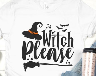 May include: White t-shirt with the phrase "Witch Please" in black, featuring a witch hat with an orange buckle, bats, and a broom. The shirt is paired with blue jeans, black shoes, and a travel mug.