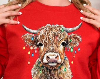 Christmas Cow Sweatshirt, Cow Lights Sweater, Cow Women Sweatshirt, Cow Lover Shirt, Christmas Sweatshirt, Highland Cow Crewneck, Farm Xmas