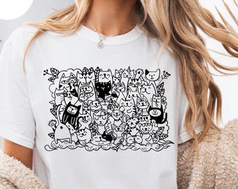 Comfort Colors® Cats Doodle Style Tshirt, Retro Funny Kitten Shirt, Cat Lovers Gift, Cute Cat Shirts, Nature Unisex Adult Pet Shirt