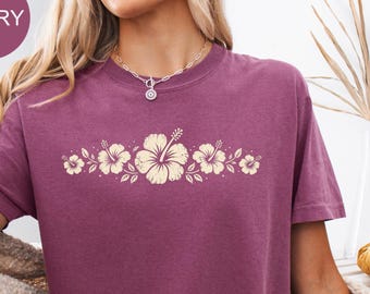 Comfort Colors® Hibiscus Flower Shirt for Women, Tropical Floral Graphic Tee Hawaiian Beach Vacation Shirt, Vintage Boho Summer Gift Tee