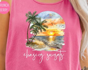 Comfort Colors® Chasing Sunsets Tank Top, Vintage Soft Beach Vacation Shirt