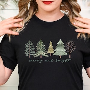 Merry and Bright Christmas Trees Women&#39;s Christmas Shirt  Holiday Shirt Christmas Gift Winter Shirt,Cute Holiday Tee,Christmas Tree Shirt