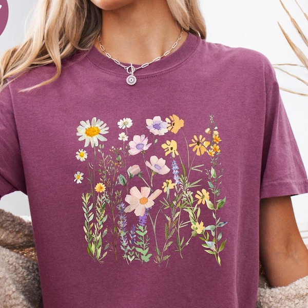 Comfort Colors® Women's Vintage Floral T Shirt Boho Wildflower Graphic Loose Tees Short Sleeve Casual Tops