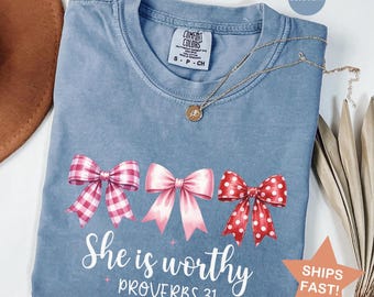 Comfort Colors She Is Worthy Christian T-Shirt: Coquette Bow Tee