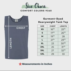 May include: A size chart for a Comfort Colors 9360 garment-dyed heavyweight tank top. The image displays a blue tank top with arrows indicating chest and length measurements, alongside a table listing sizes XS to 4XL with measurements in inches.