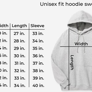 May include: Size chart for a unisex hoodie sweatshirt. The chart shows the width, length, and sleeve length in inches for sizes S through 5X.