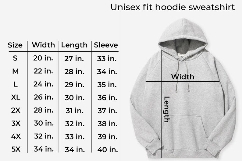 May include: Size chart for a unisex hoodie sweatshirt. The chart shows the width, length, and sleeve length in inches for sizes S through 5X.