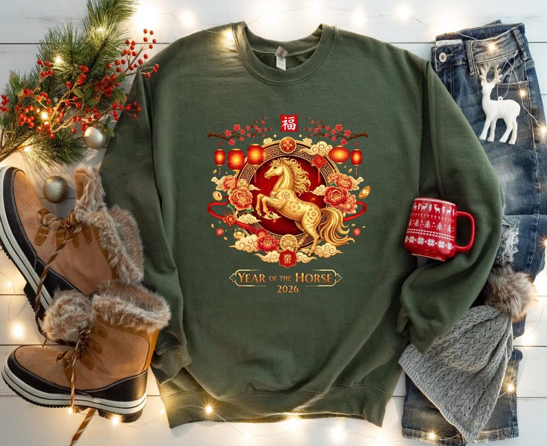 May include: An olive green sweatshirt featuring a golden horse design within a circular frame with floral and lantern accents. The text "Year of the Horse 2026" is displayed below the design. A red mug with a festive pattern is visible.