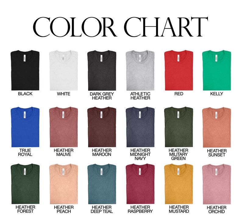 以下が含まれることがあります： 18種類のTシャツの色を示すカラーチャート。色は、黒、白、ダークグレーヘザー、アスレチックヘザー、赤、ケリー、トゥルーロイヤル、ヘザーモーブ、ヘザーマロン、ヘザーミッドナイトネイビー、ヘザーミリタリーグリーン、ヘザーサンセット、ヘザーフォレスト、ヘザーピーチ、ヘザーディープティール、ヘザーラズベリー、ヘザーマスタード、ヘザーオーキッドです。