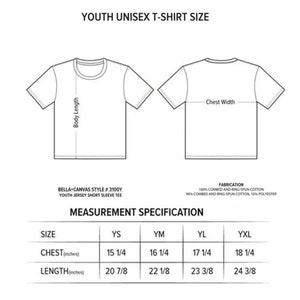May include: Diagram of a youth unisex t-shirt, showing front and back views with measurement labels. Includes a size chart with chest and length measurements in inches for sizes YS, YM, YL, and YXL. The shirt is made of 100% combed and ring-spun cotton.