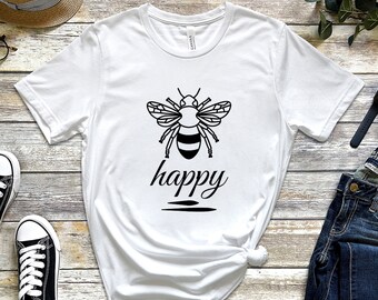 Bee Happy Shirt: Motivational Quote - Unisex Cotton Tee