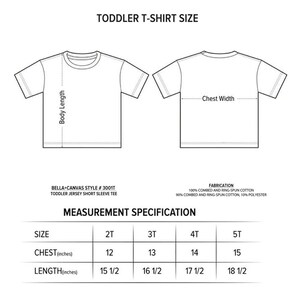 以下が含まれることがあります： 幼児用Tシャツのサイズチャートで、2T、3T、4T、5Tのサイズに対応する胸囲と着丈の寸法をインチで示しています。チャートには「幼児用Tシャツサイズ」と、生地の構成「100%梳き綿リングスパン」と「90%梳き綿リングスパン、10%ポリエステル」が記載されています。